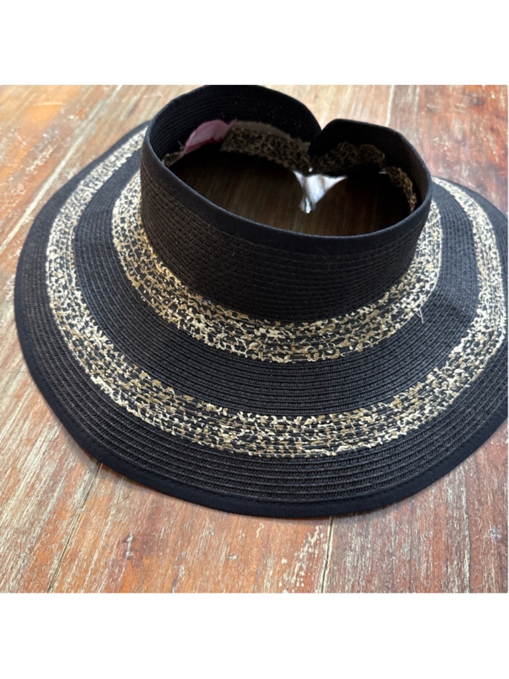 Scala Handcrafted Leopard Print Straw Sun Visor Wide Brim Black One Size - Picture 3 of 9